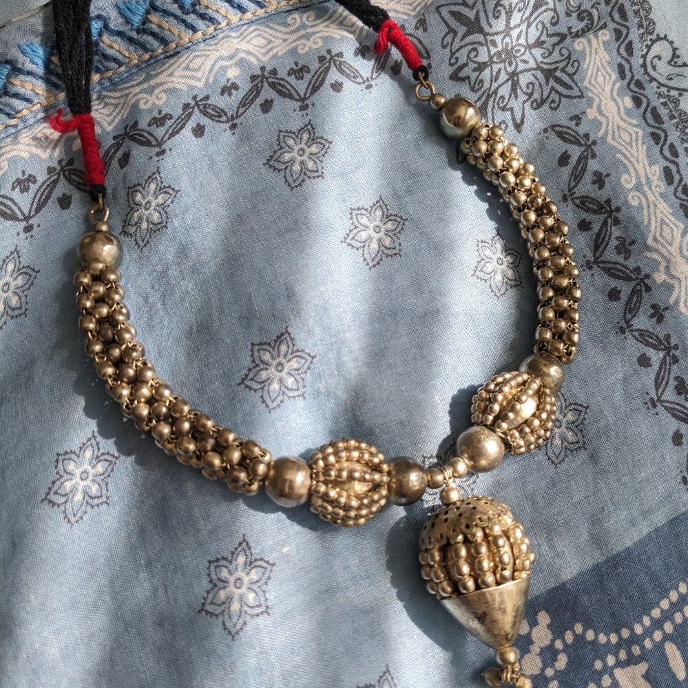 SOLD Oxidized Silver-Tone Neck-Charm Necklace with Rope Tie